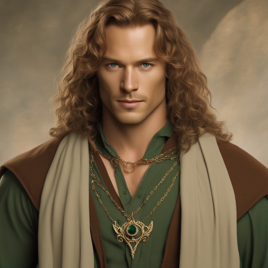 Portrait of a man with long curly hair wearing layered necklaces and a green shirt, with a neutral background.