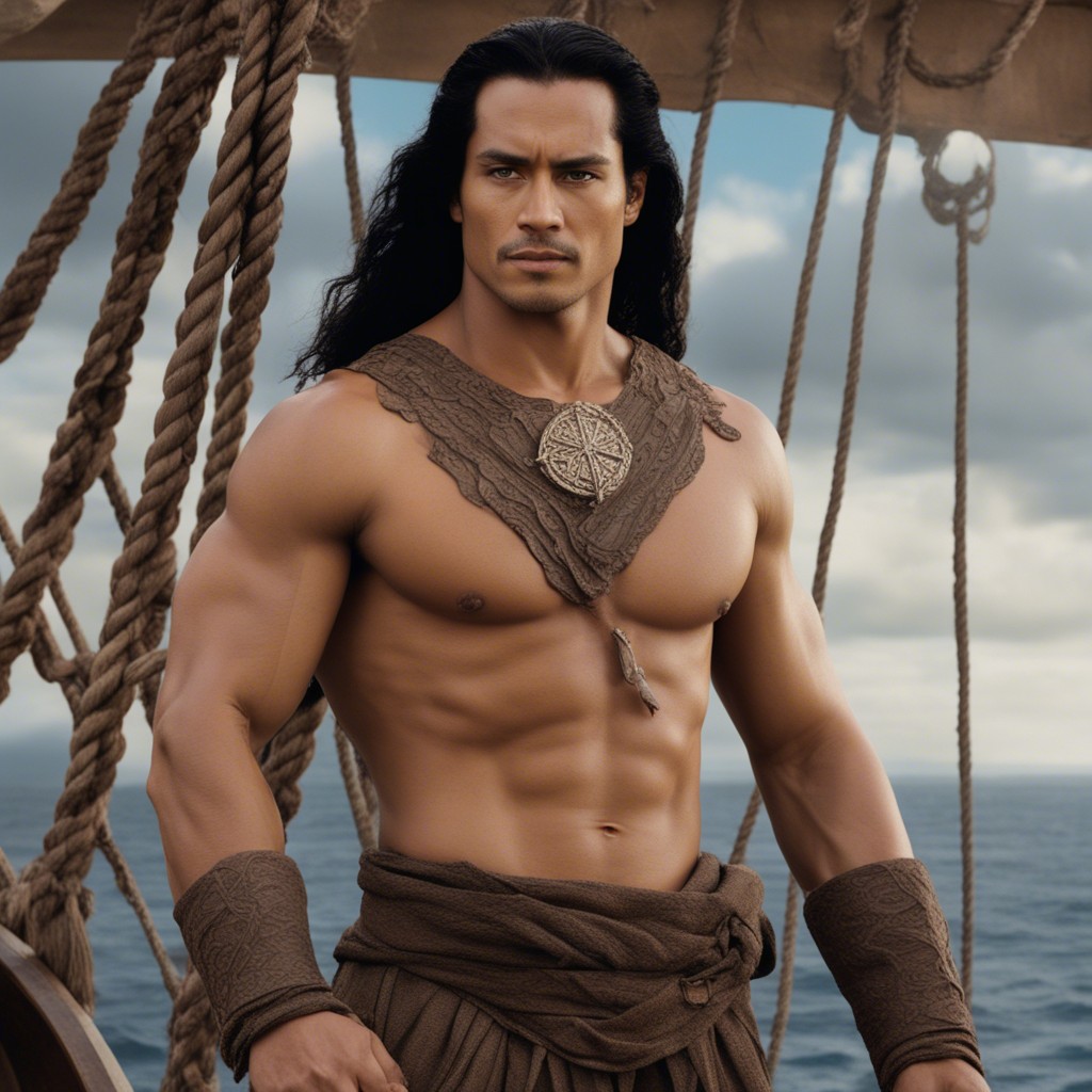 Muscular man with long dark hair on a ship, wearing brown clothing and accessories, with ocean and cloudy sky in background.
