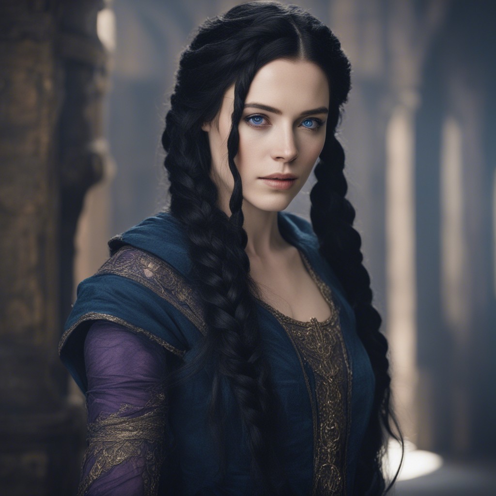 Woman with long braided dark hair and blue eyes in a forest setting, wearing a dark blue and purple outfit with gold details.