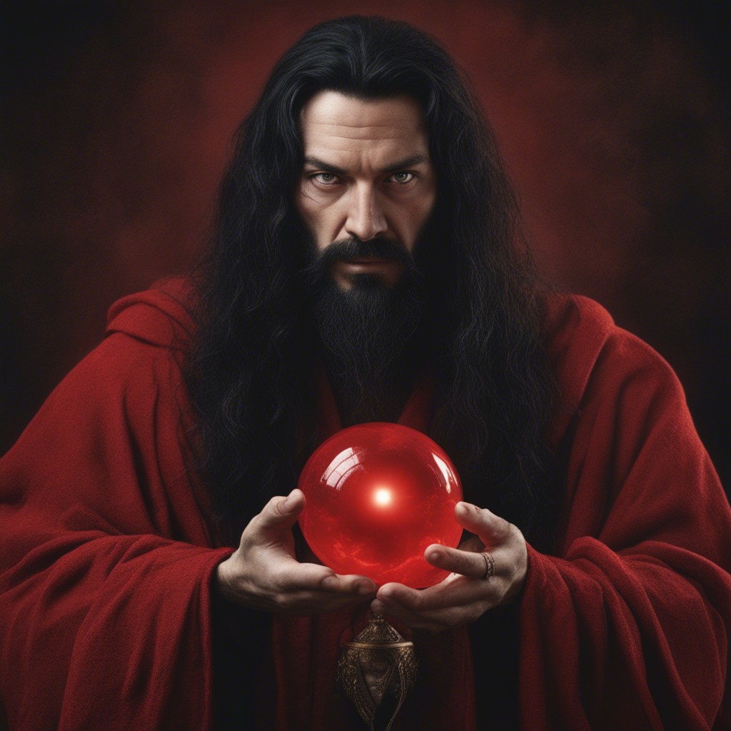 Man with long black hair and beard, wearing red robes, holding a red crystal ball, with a dark background.