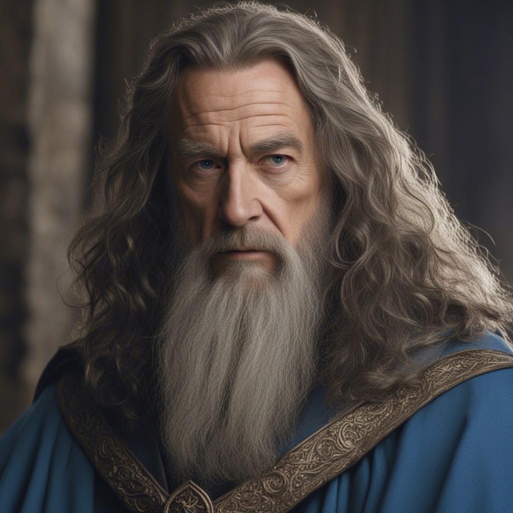 A man with long gray hair and beard, wearing a blue robe with gold embroidery, looks serious.