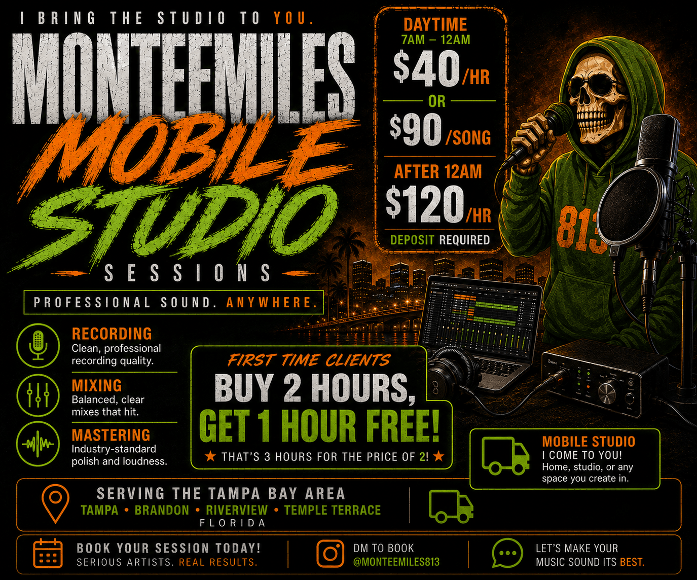 Promotional poster for a mobile studio with a skeleton wearing headphones, colorful text, and recording equipment, offering rates and free hours.