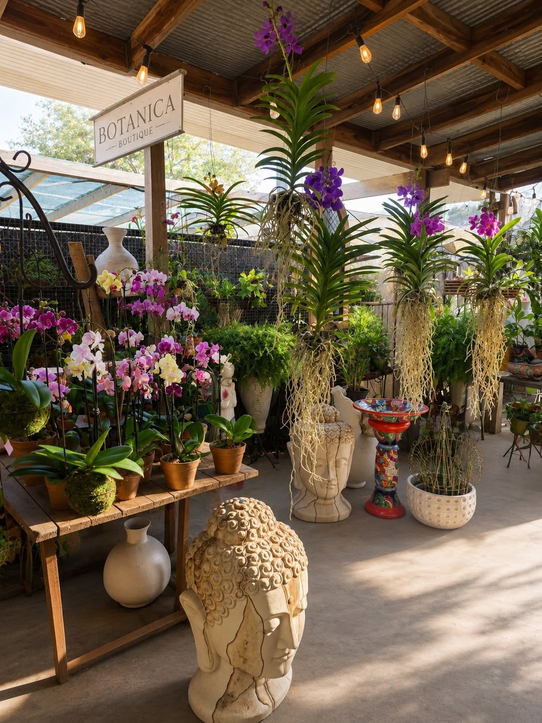 Indoor garden display with potted orchids and tall plants in decorative pots, under a wooden ceiling with hanging lights.