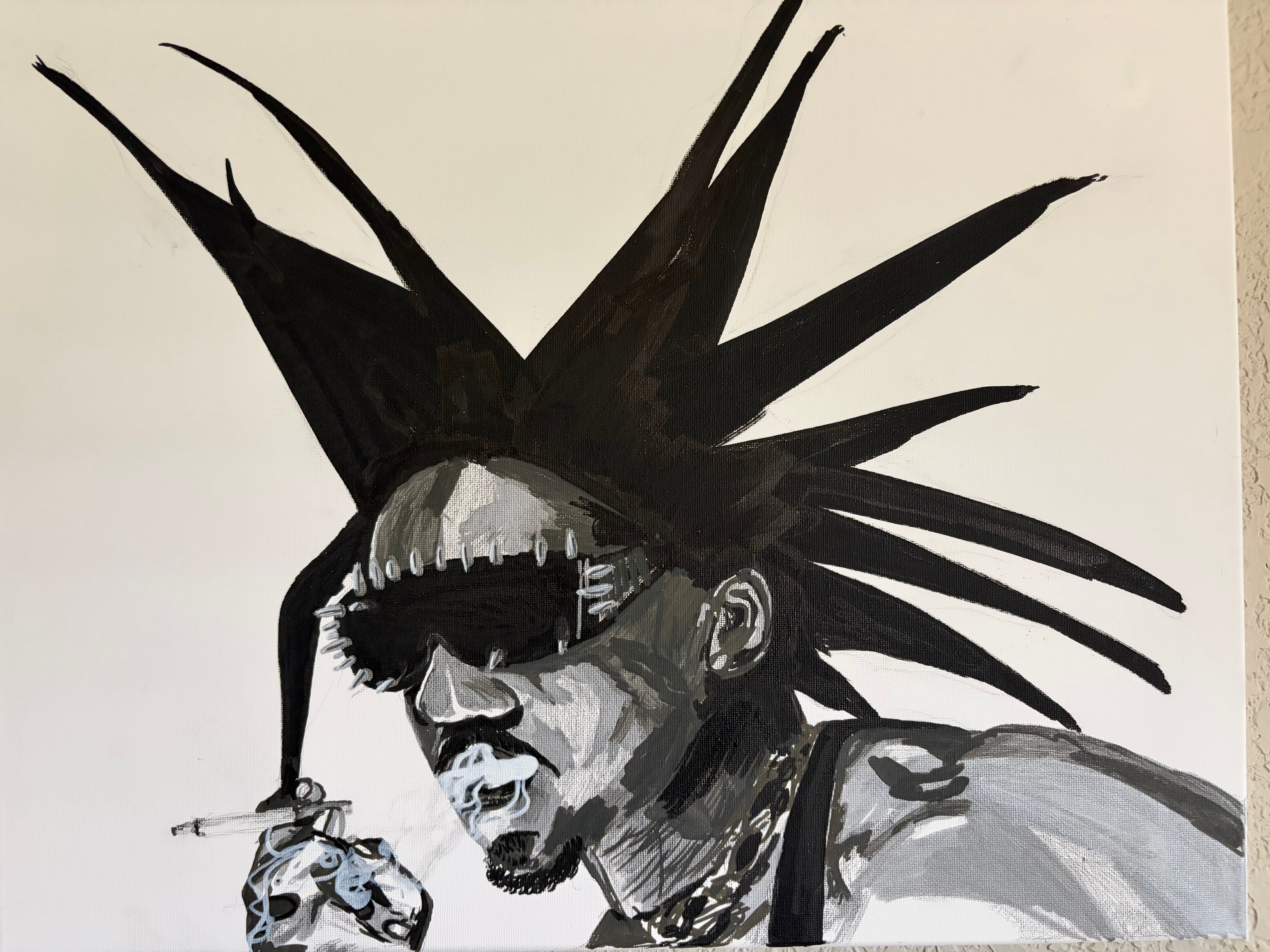 Black and white painting of a person with spiked hair, sunglasses, and a cigarette, facing left, with a serious expression.