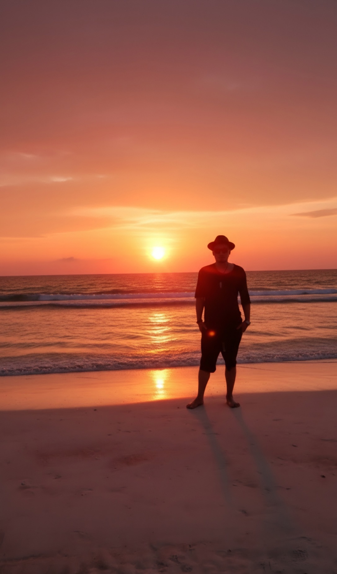 Person standing on beach at sunset, facing the ocean, wearing a hat and casual clothing.