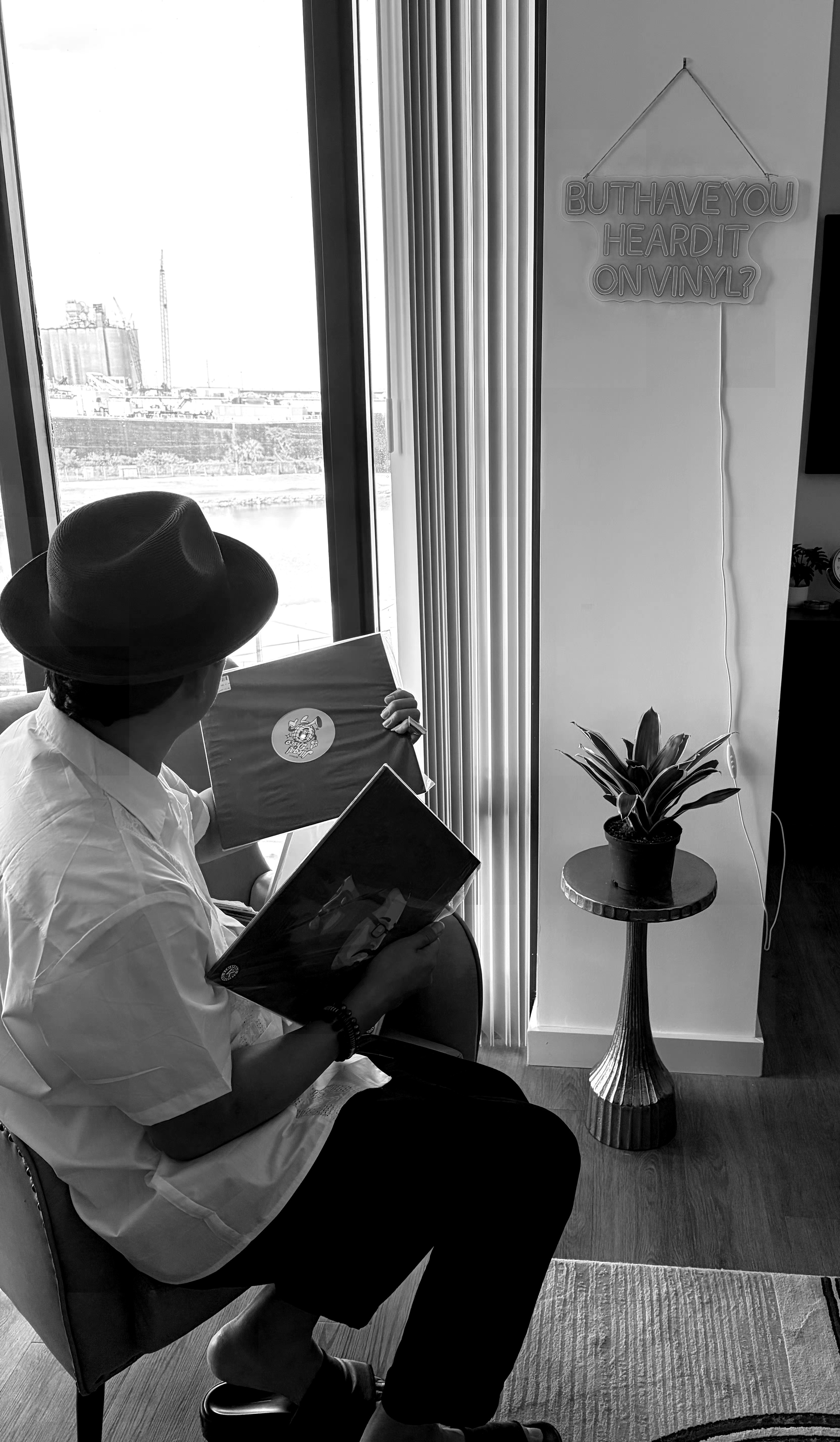 Person wearing a hat sitting by a window, reading a book, with a potted plant nearby.