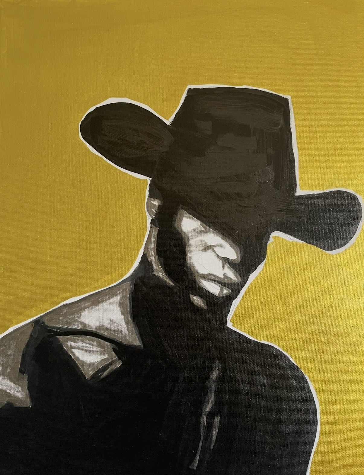 Portrait of a person wearing a wide-brimmed hat, with a serious expression, against a yellow background.