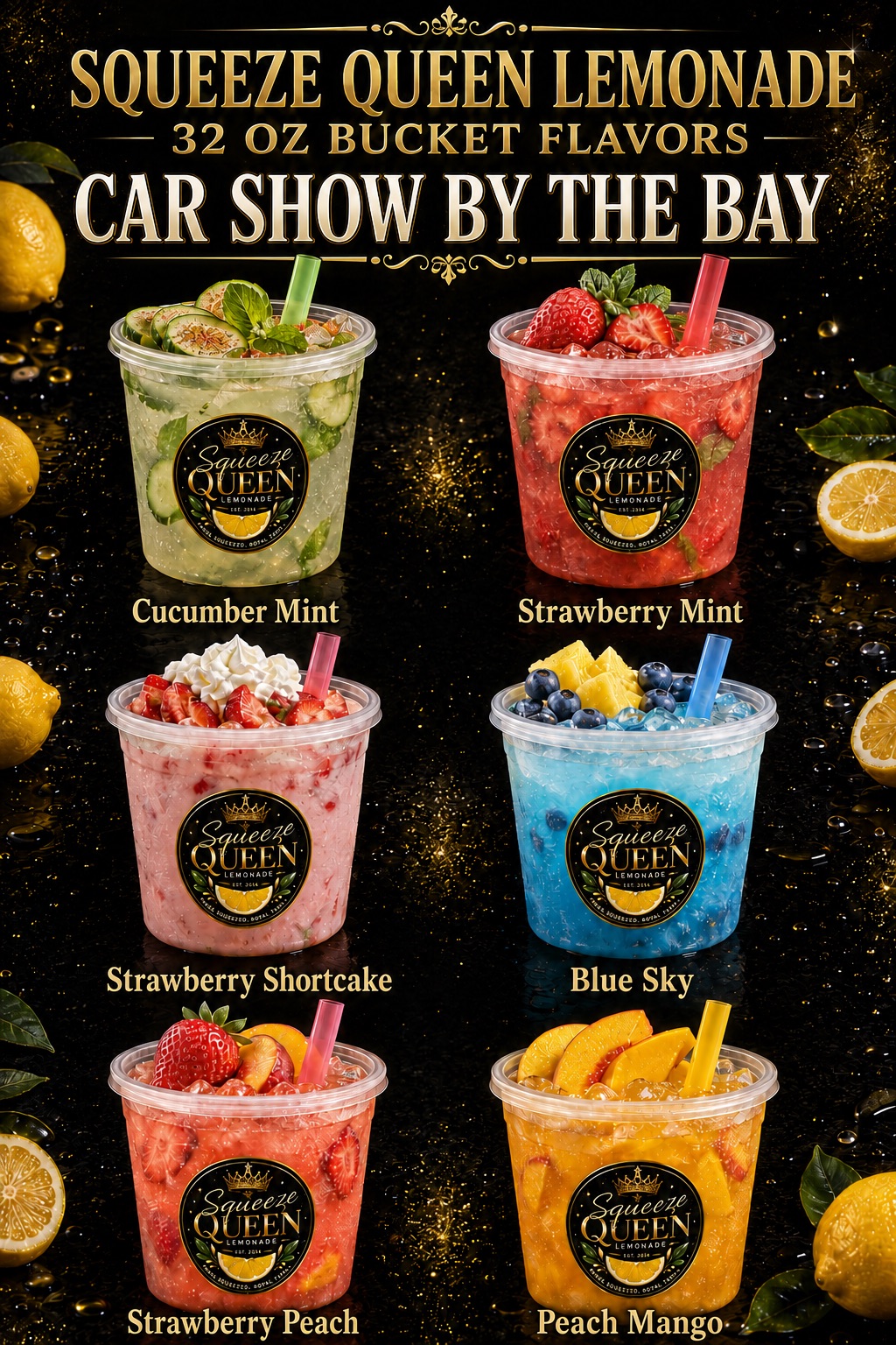 Menu displaying six colorful drinks with lemon slices and strawberries, labeled with flavors, against a black background with lemon images.