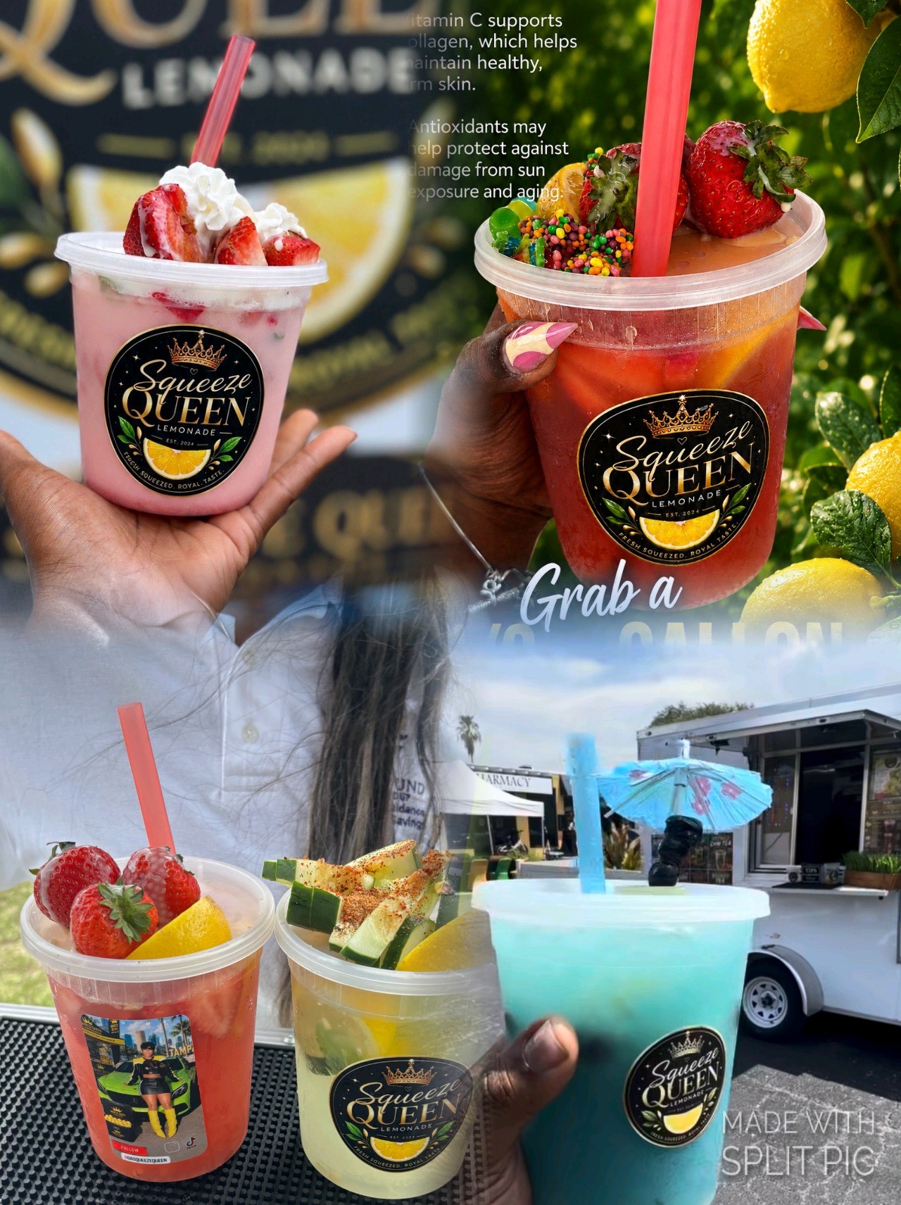 Four colorful frozen drinks with toppings and straws, held outdoors with a person and a car in the background.