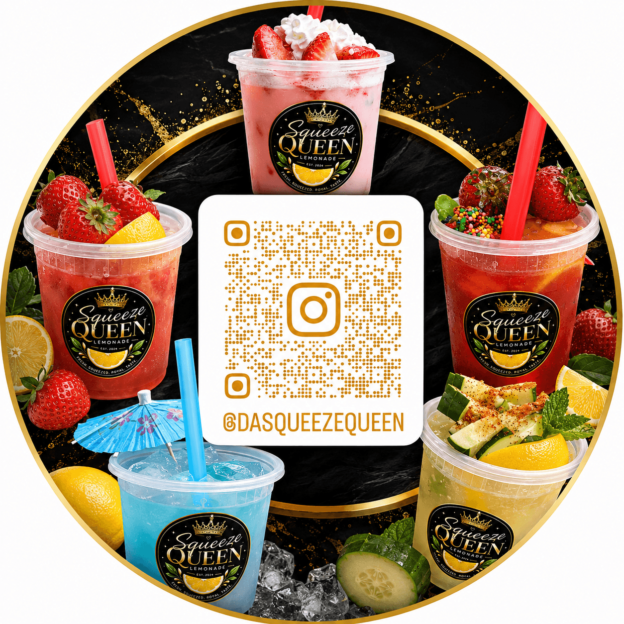 Four colorful fruit drinks with straws and a QR code in the center, all with a black and gold logo, on a black background.