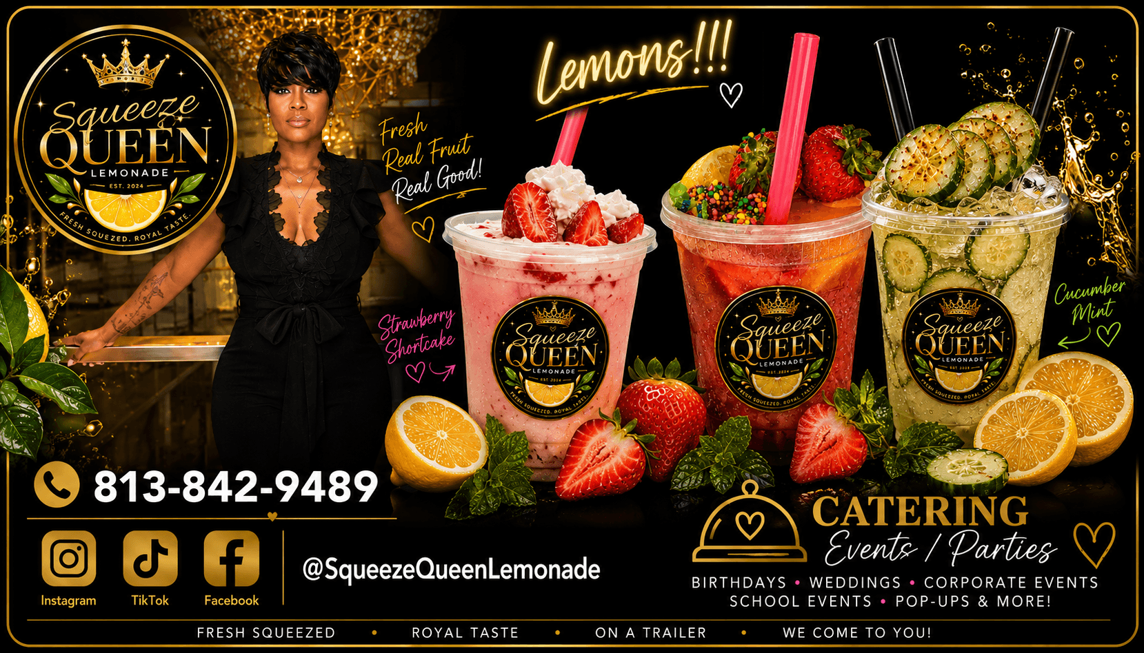 Event banner featuring three lemon and strawberry drinks, a woman in black, and event details with contact info.