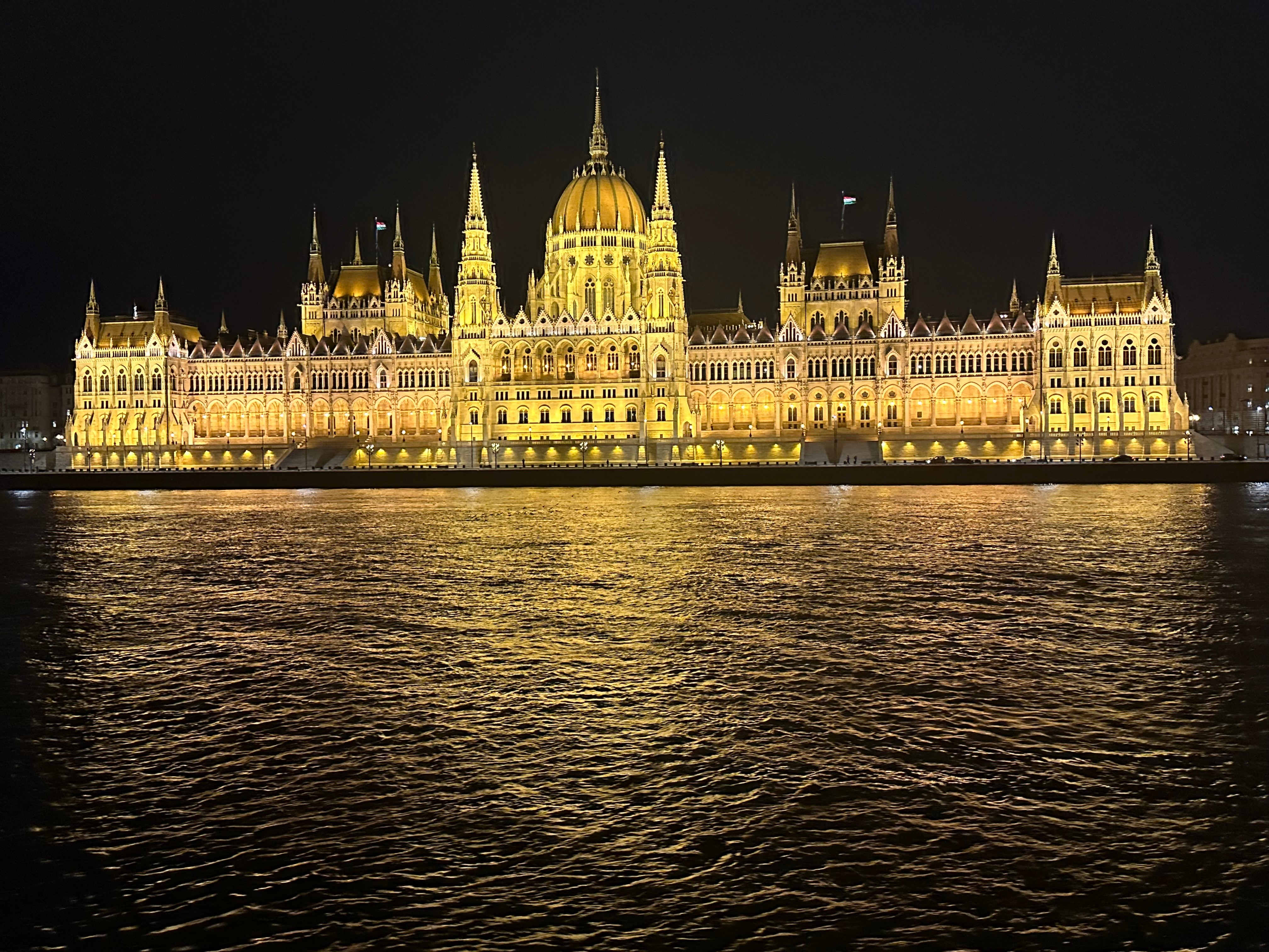 Night view of illuminated historic building with spires, reflected in water, dark sky background.
