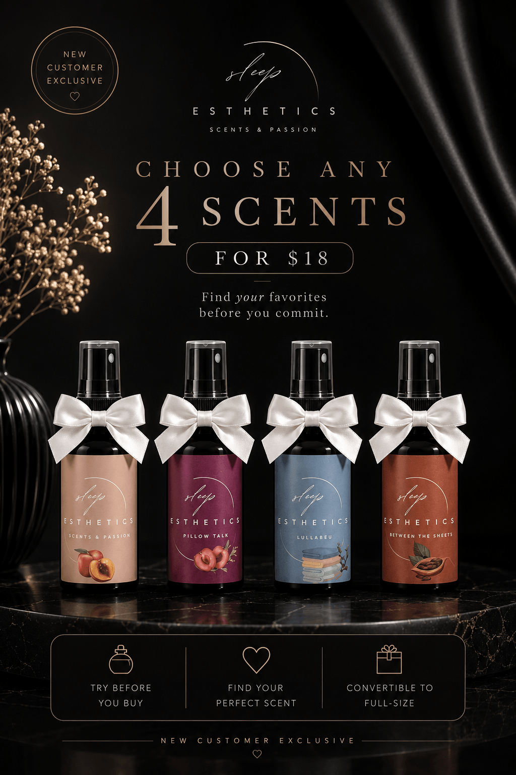 Four perfume bottles with bows, each in different colors, on a black background with gold accents and a black curtain.