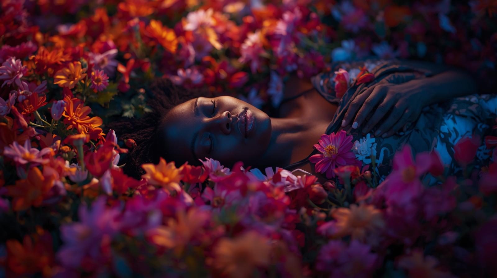 Person lying among colorful flowers, eyes closed, surrounded by vibrant blossoms, peaceful expression, soft lighting.