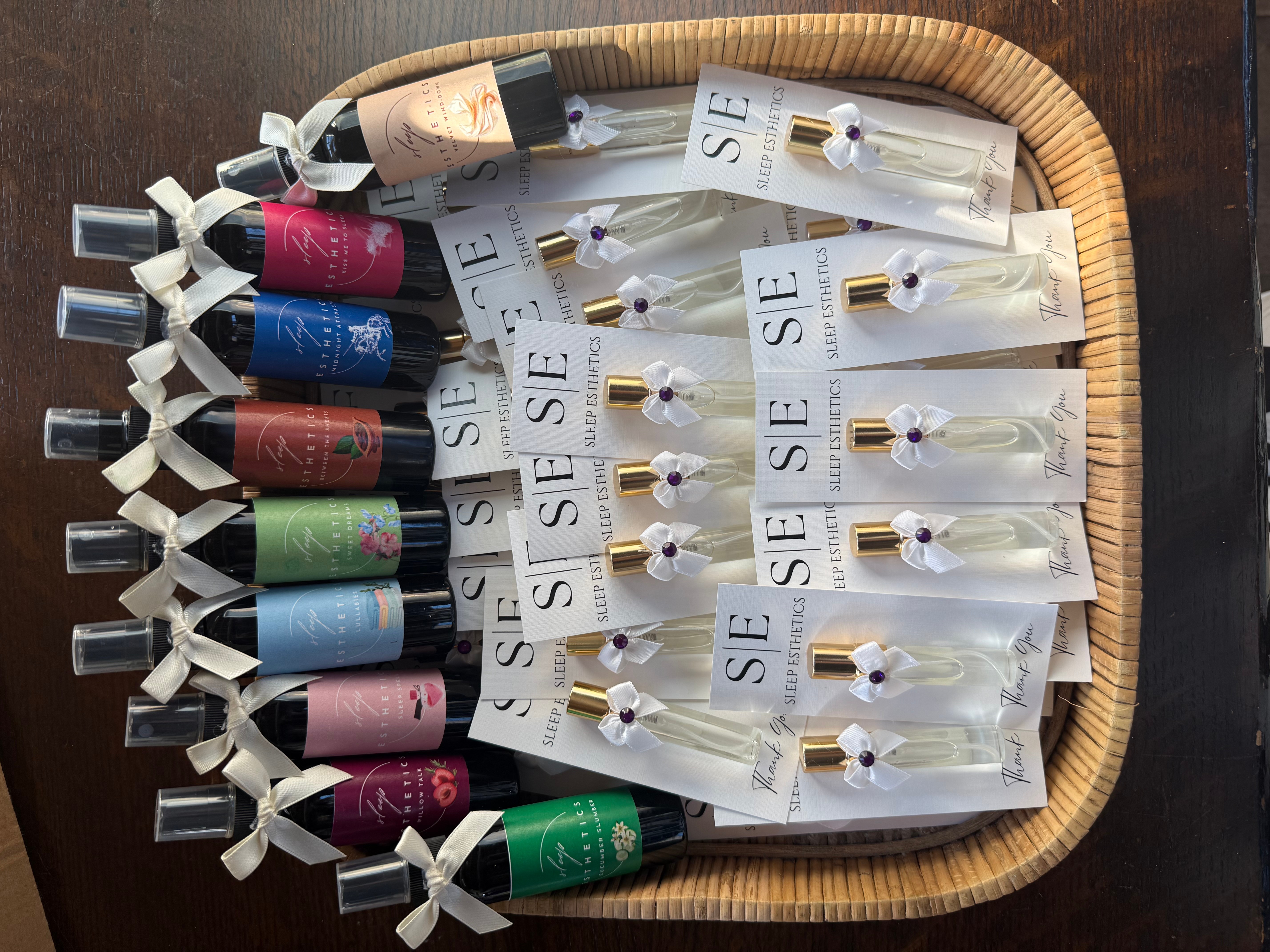 A basket contains multiple tubes of SIESE skincare products with white caps and labels, arranged neatly on a wooden surface.