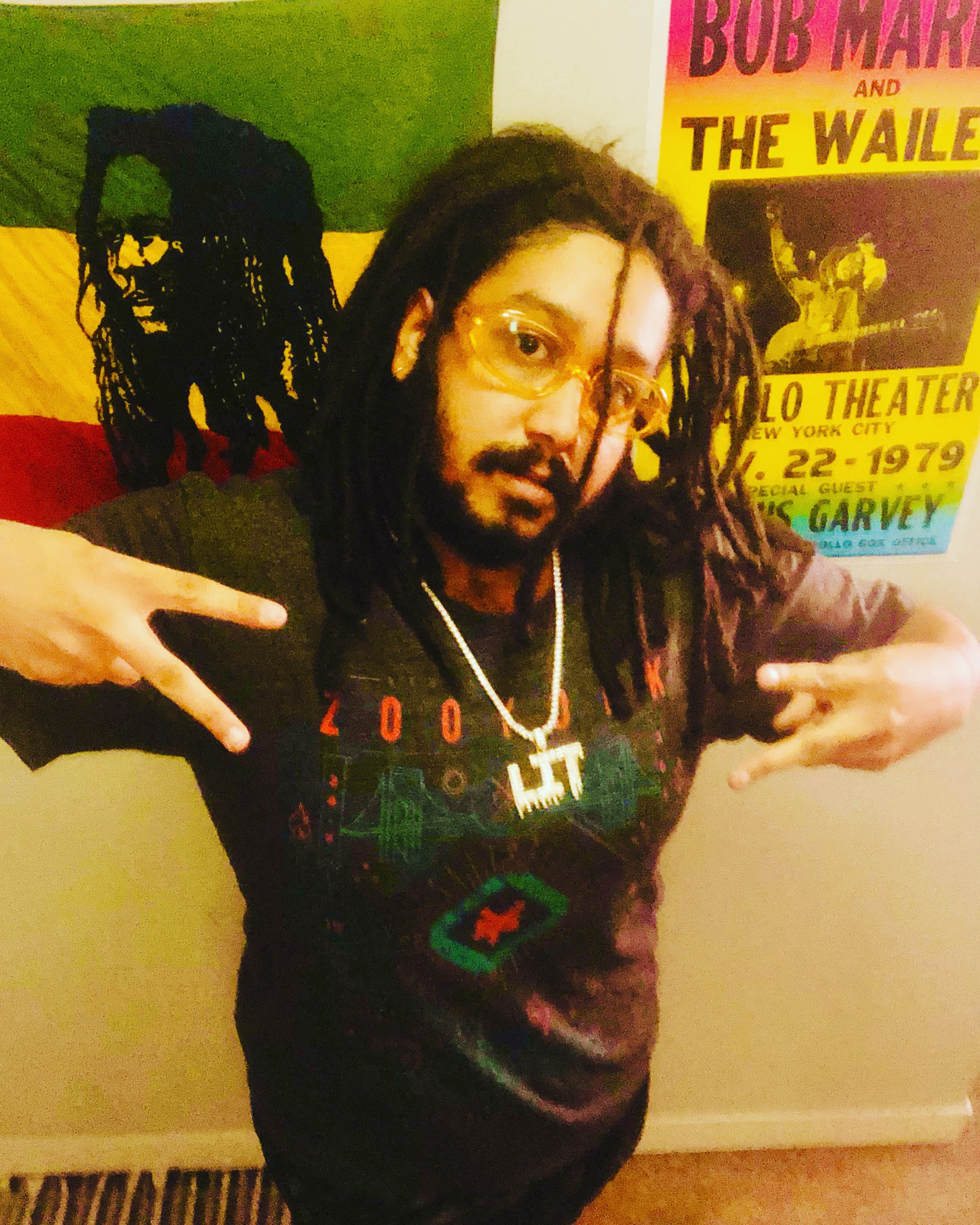 Person with dreadlocks and glasses making peace signs with both hands, standing in front of colorful posters.