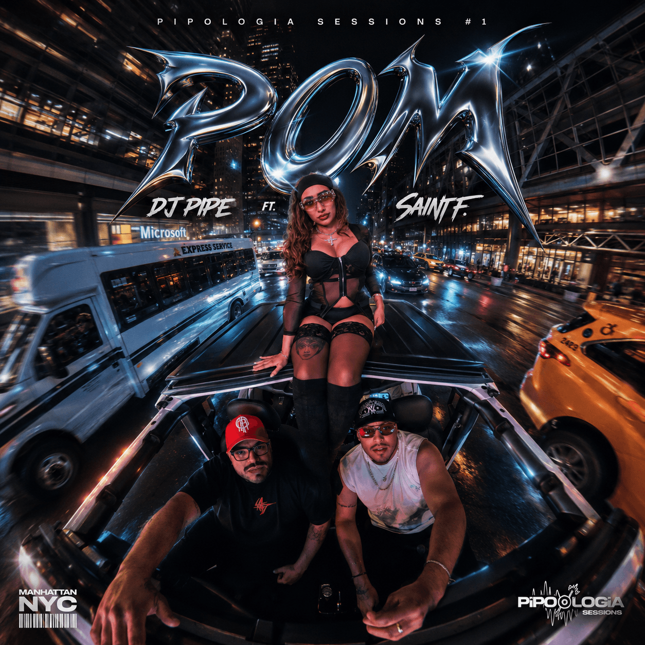 Three people on a car in a city at night with bright lights and a large stylized text reading 'POM'.