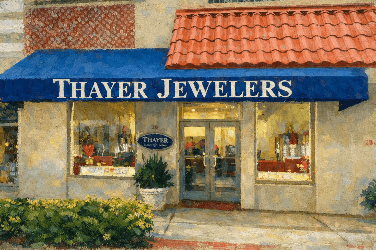 Jewelry store with blue awning reading 'Thayer Jewelers' and display windows on either side of entrance.