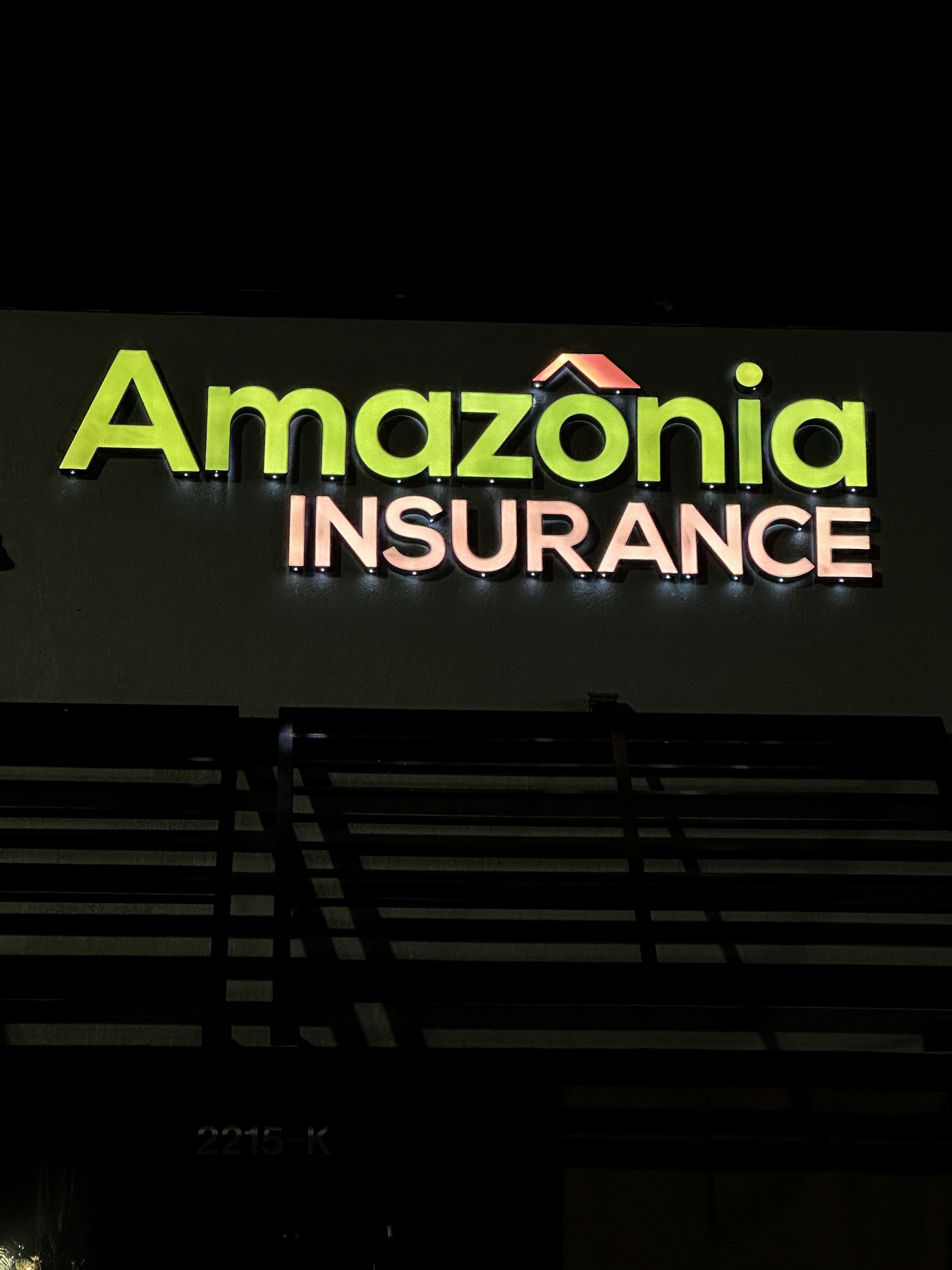 A sign for Amazonia Insurance with green and pink text, and a small house icon above the letter 'z'.