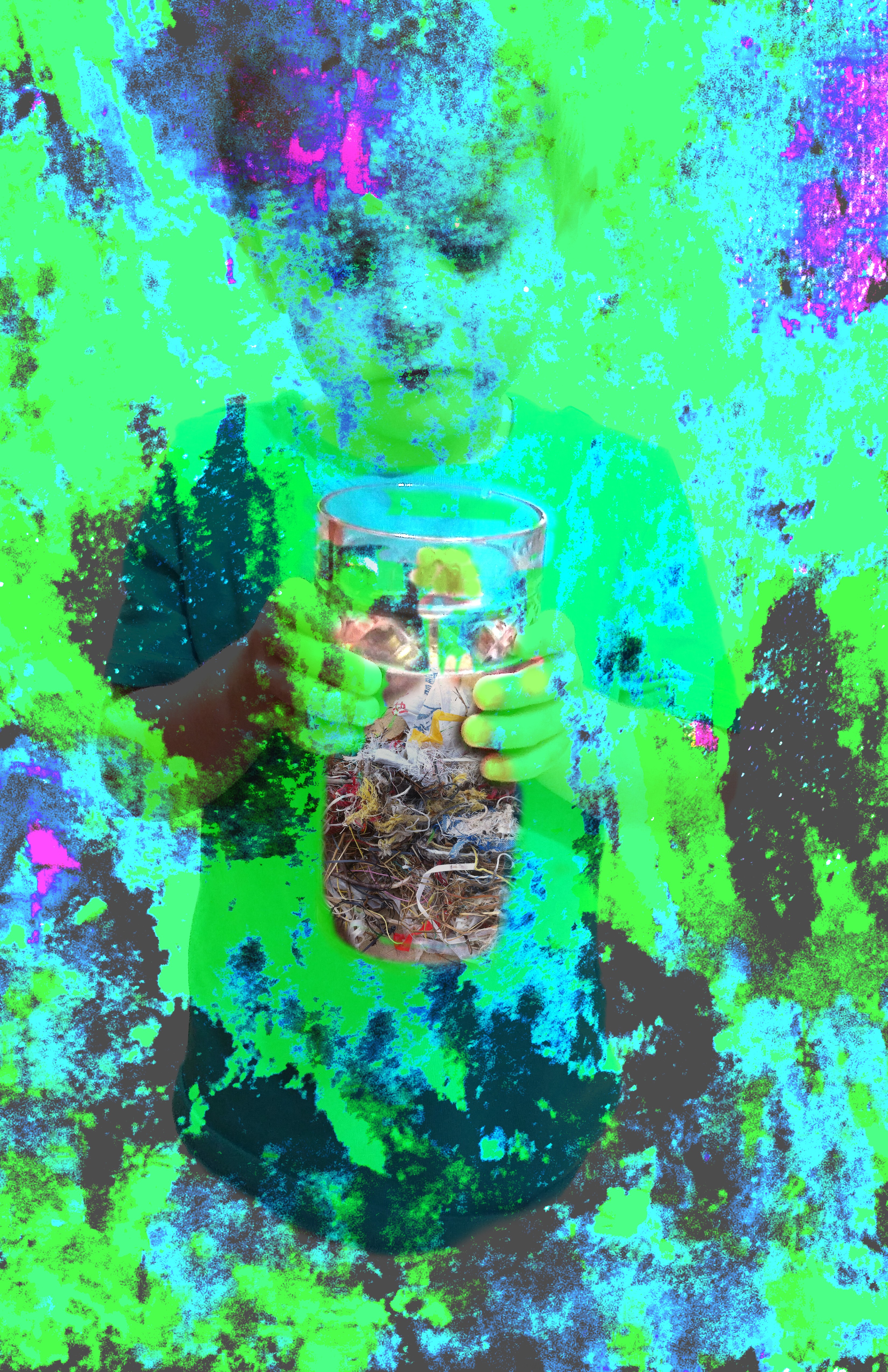 Person holding a glass of water with both hands, looking down at it, surrounded by colorful abstract background.