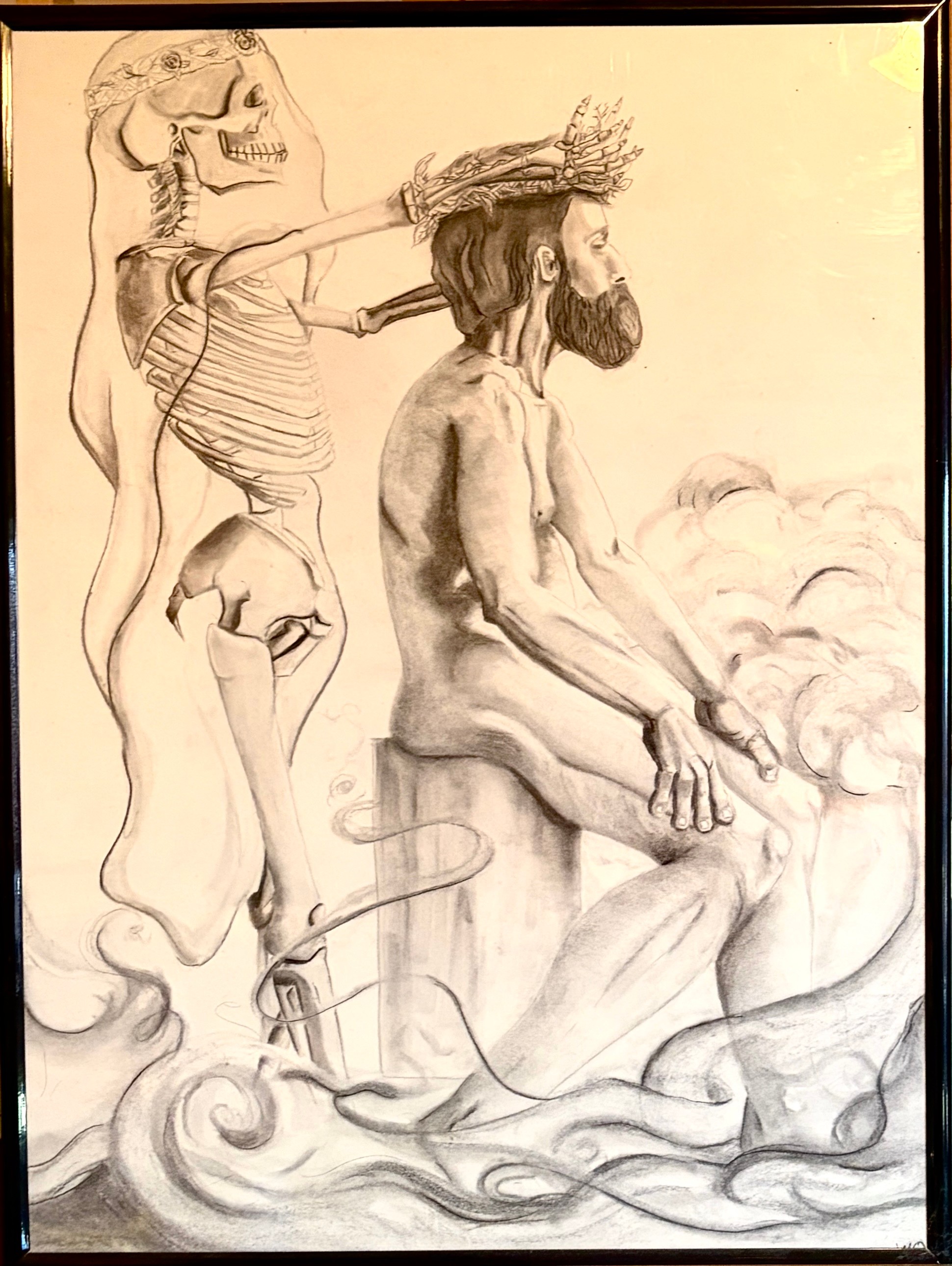 Drawing of a skeleton holding a wig on a man's head, who is seated with a beard, surrounded by swirling clouds.