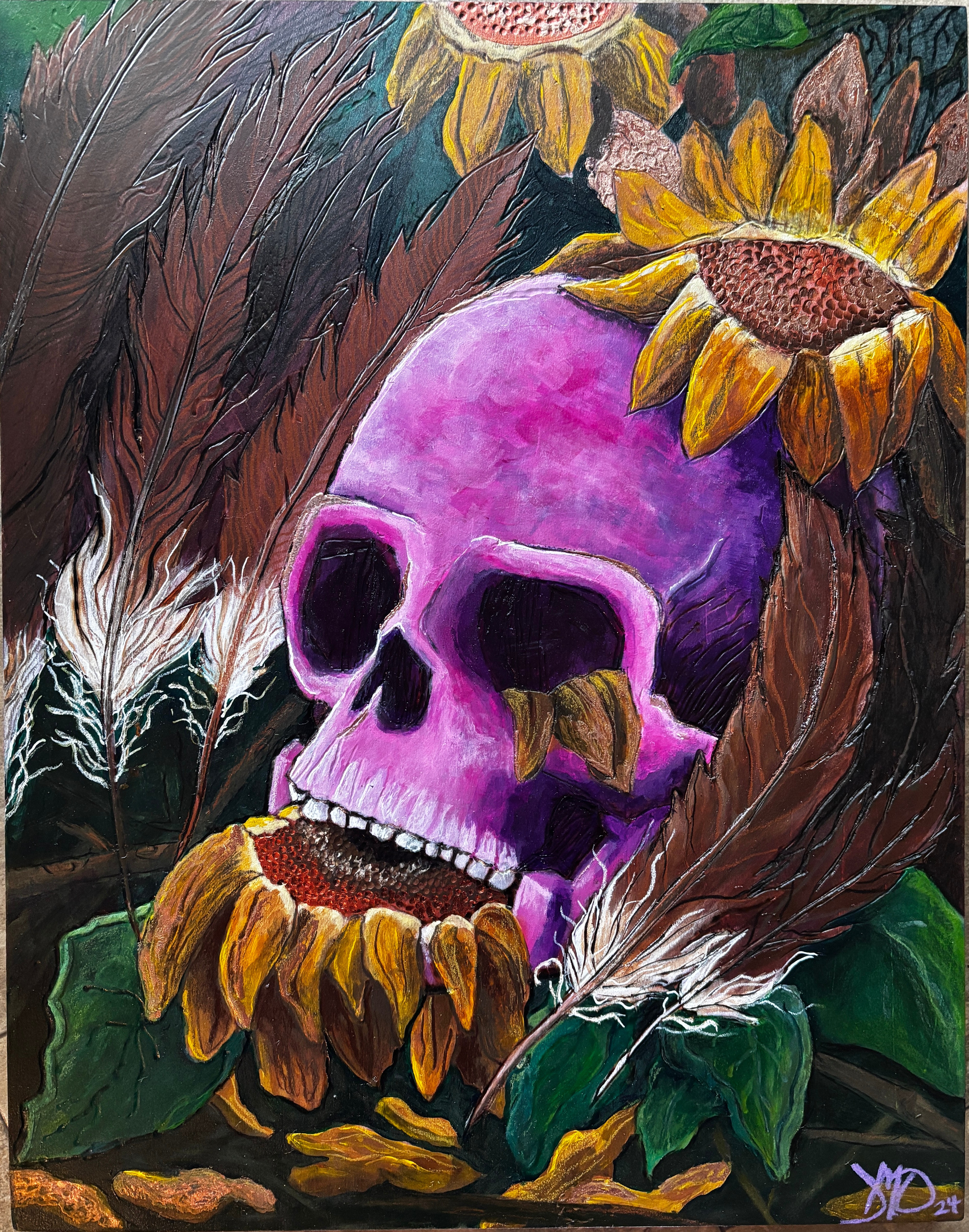 Purple skull surrounded by sunflowers and dark foliage, with a dark background and white feather-like details.