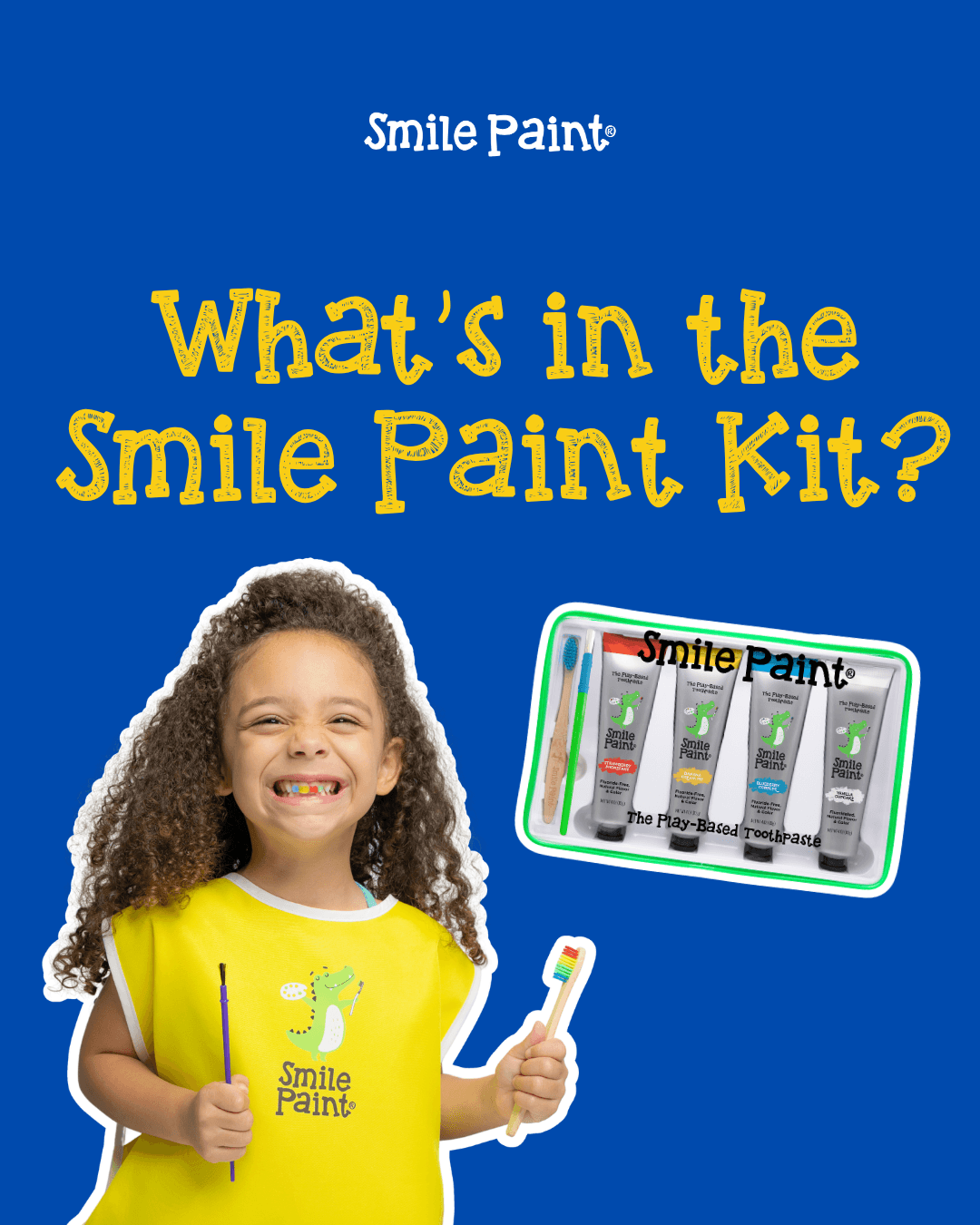 Young girl with curly hair smiling, holding a paintbrush and a Smile Paint kit, on a blue background.